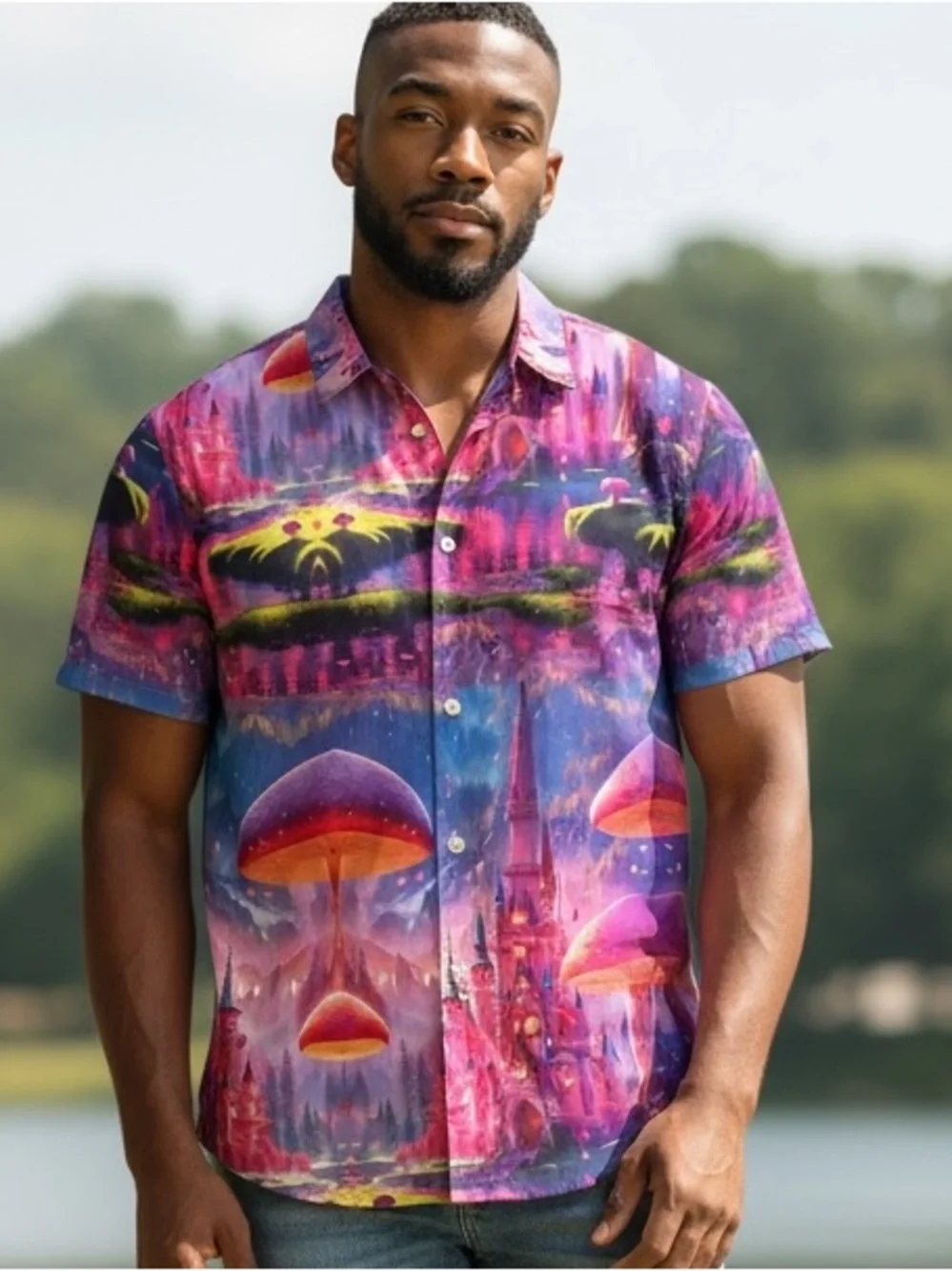 🍄 Men's Short-Sleeve Purple Mushroom Graphic Button-Up Shirt